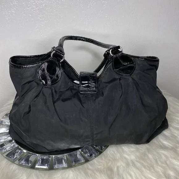 Brighton Black Nylon Shoulder Bag With Silver Buckle Leather Trim and Detail - Picture 3 of 12